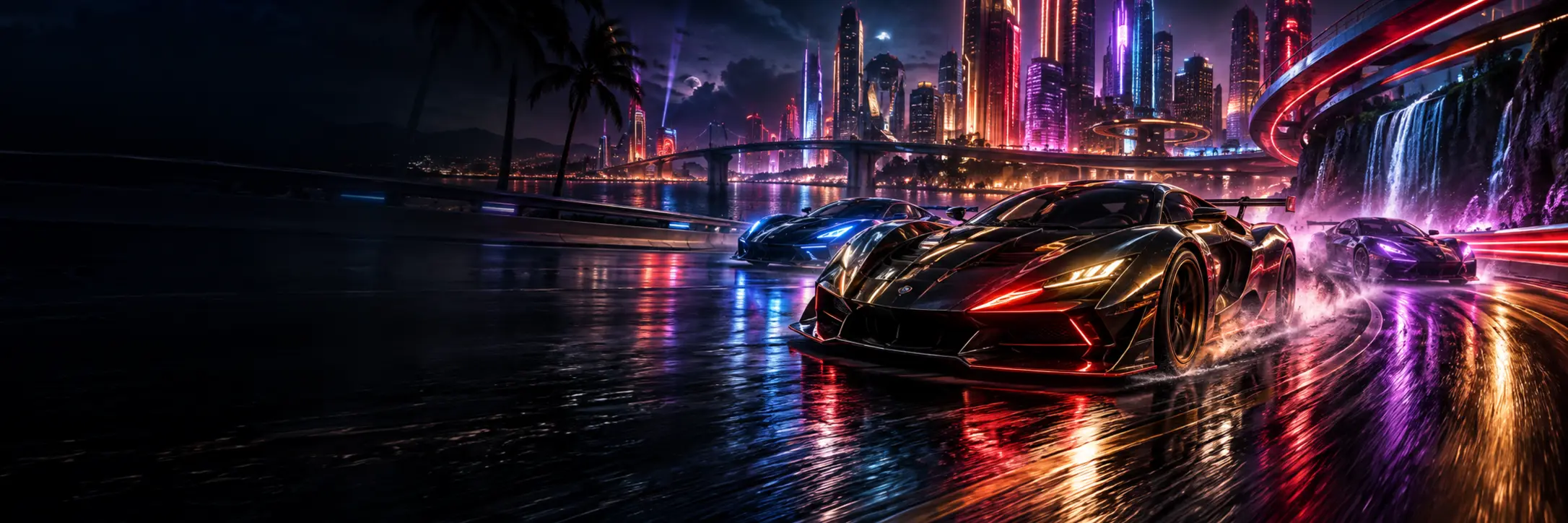 Neon sports cars racing through a futuristic city