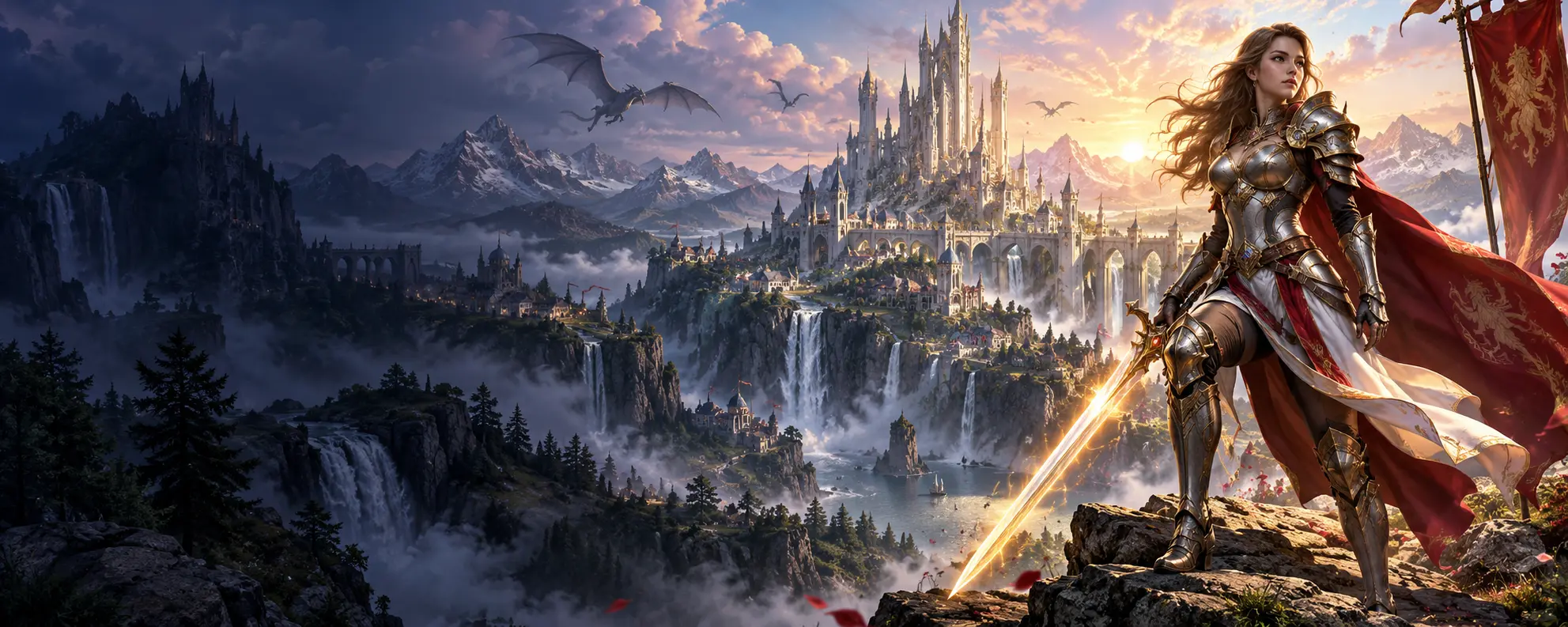 A fantasy game world with a castle, warrior and dramatic sky